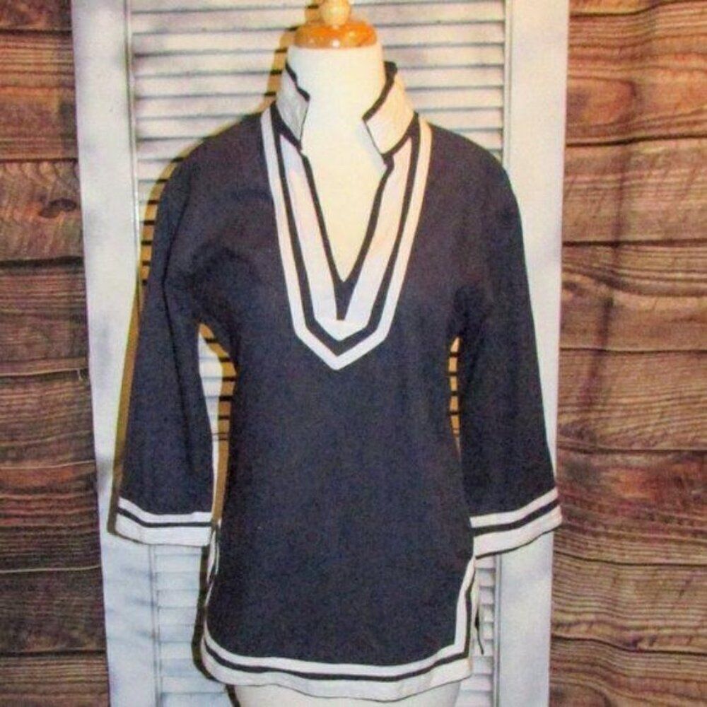 Sherry Taylor Linen Blend Nautical Tunic Blouse Navy White Women's Small